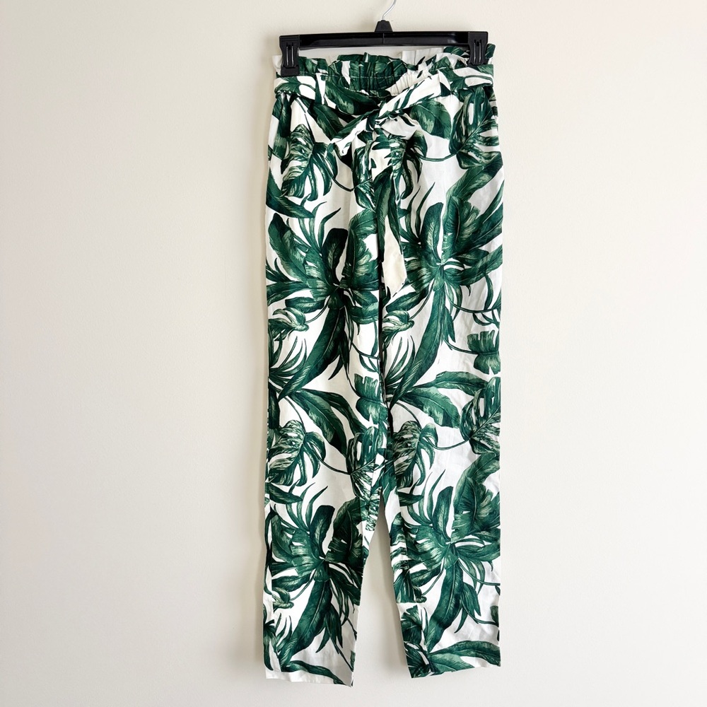 H&M Tropical Print Paperbag Beach Pants – Off White & Green – Size 0
